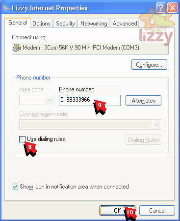 Dial-up connection properties with Use dialing rules turned off and the new phone number 0198333966 typed in. 