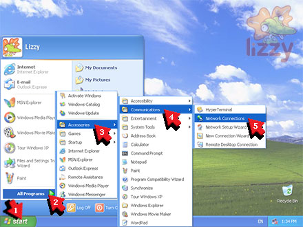 Start menu with Network Connections highlighted. 